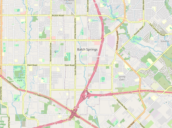 OpenStreetMap city view showing Balch Springs, Interstate 635, Interstate 20 and nearby streets